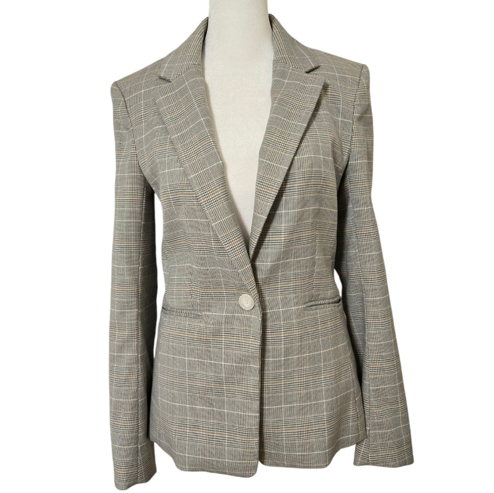 H&M Women's One Button Plaid Blazer Light Gray Tan Size XS